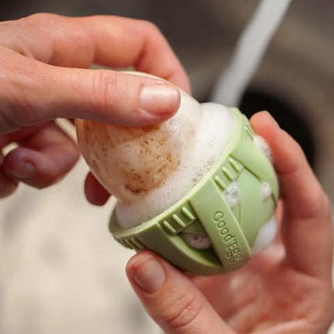 GoodEgg The Original Egg Brush sits on the countertop for daily egg prep.