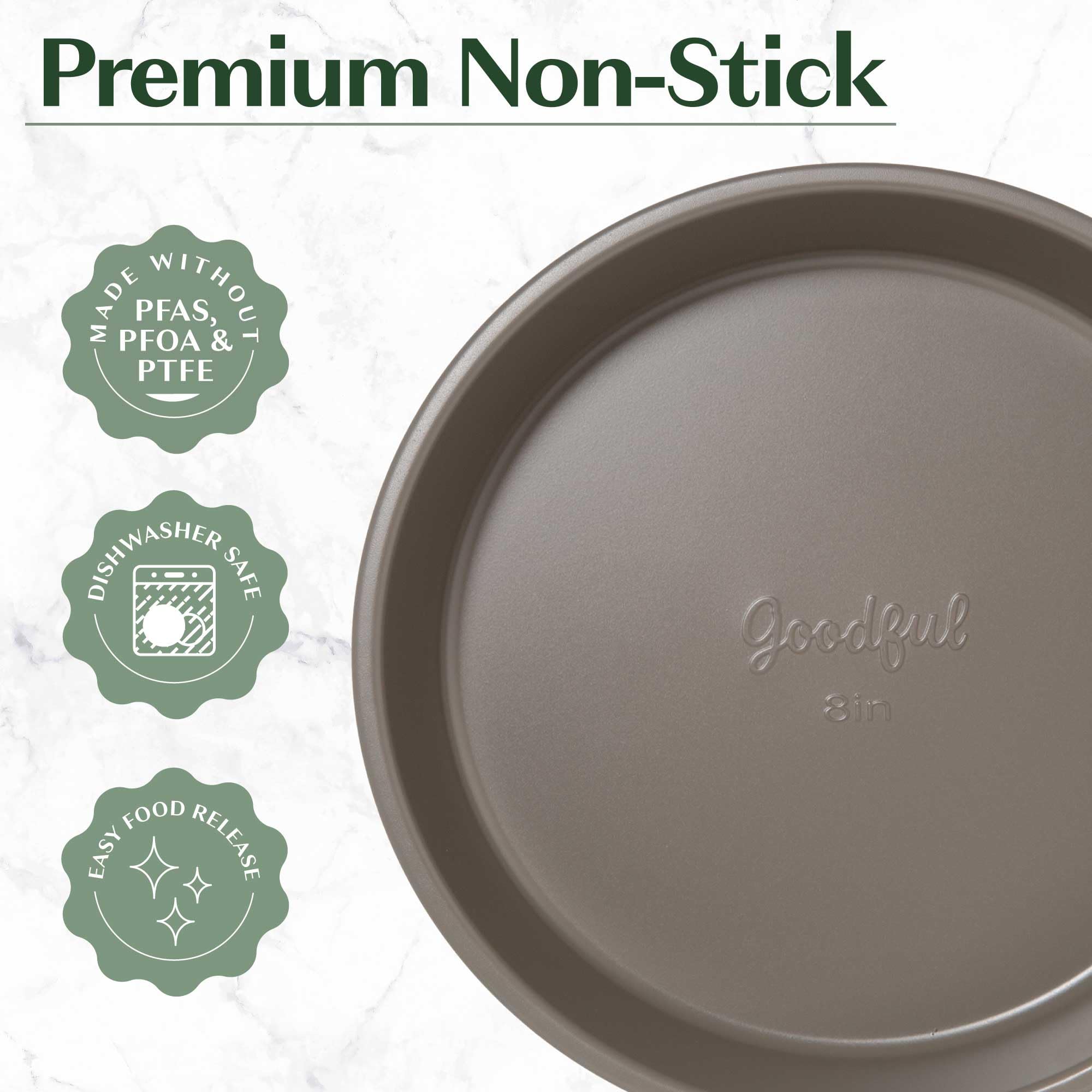 Goodful 8-inch square cake pans deliver sturdy, reliable baking of square cakes.