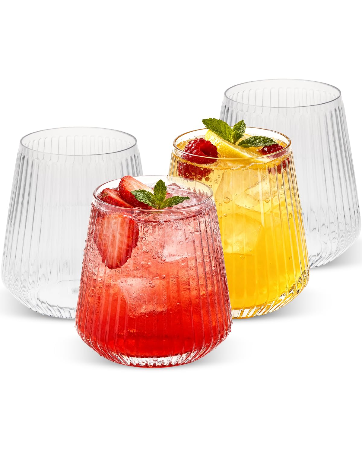 Goodluck 36-pack stemless clear ribbed wine glasses for elegant reusable service at events.