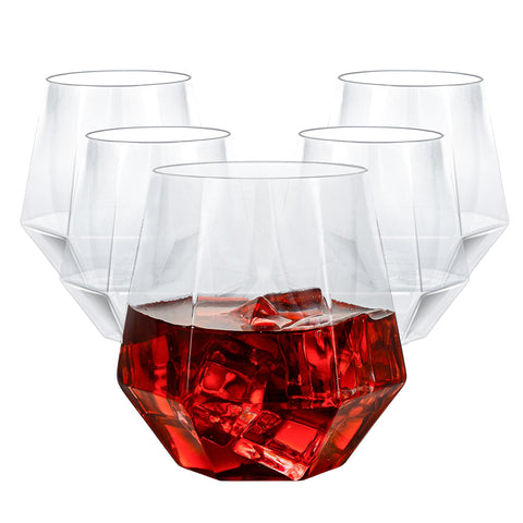 Goodluck diamond-stemless wine glass in clear plastic for easy cleanup
