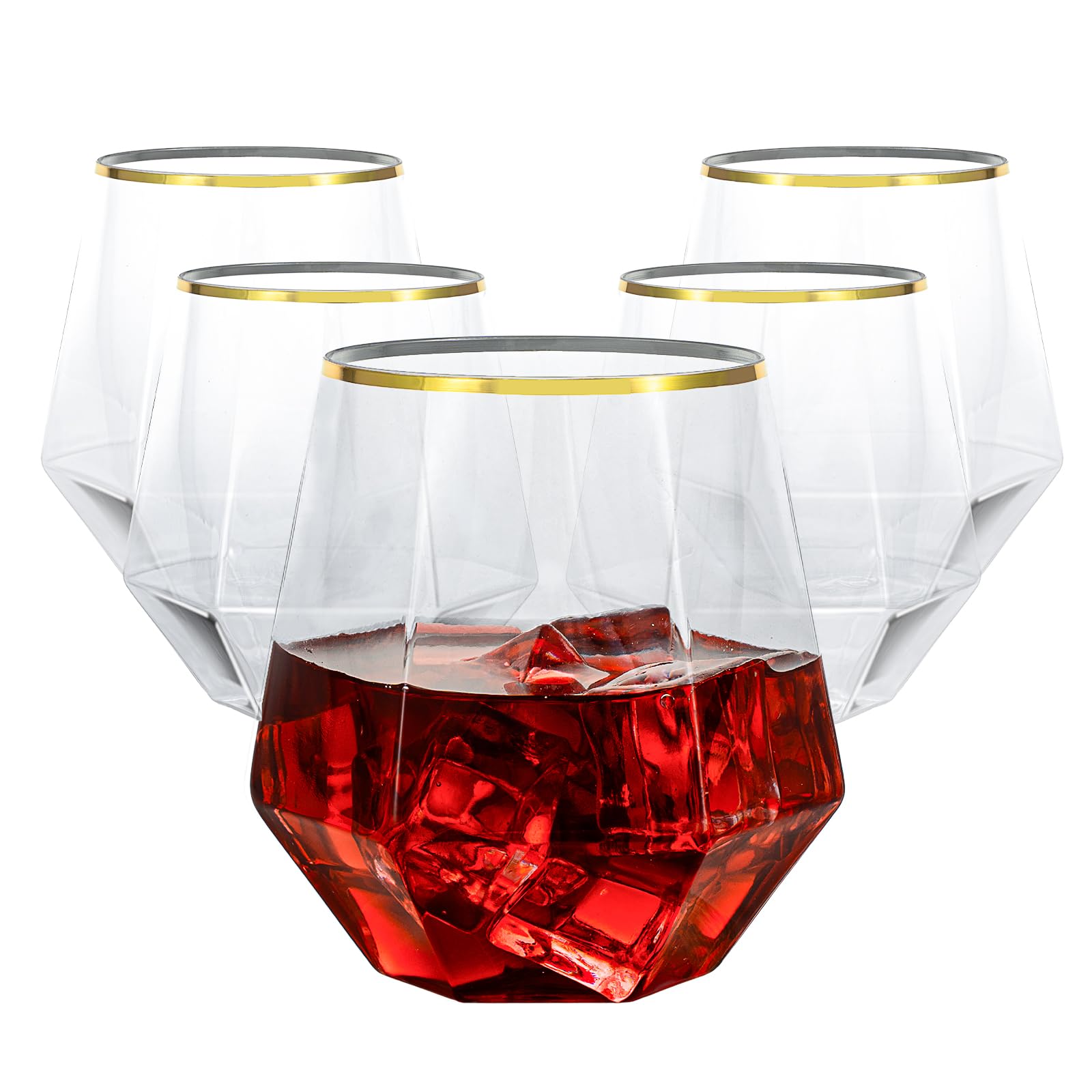 Goodluck diamond stemless wine glasses with gold rim for stylish entertaining.