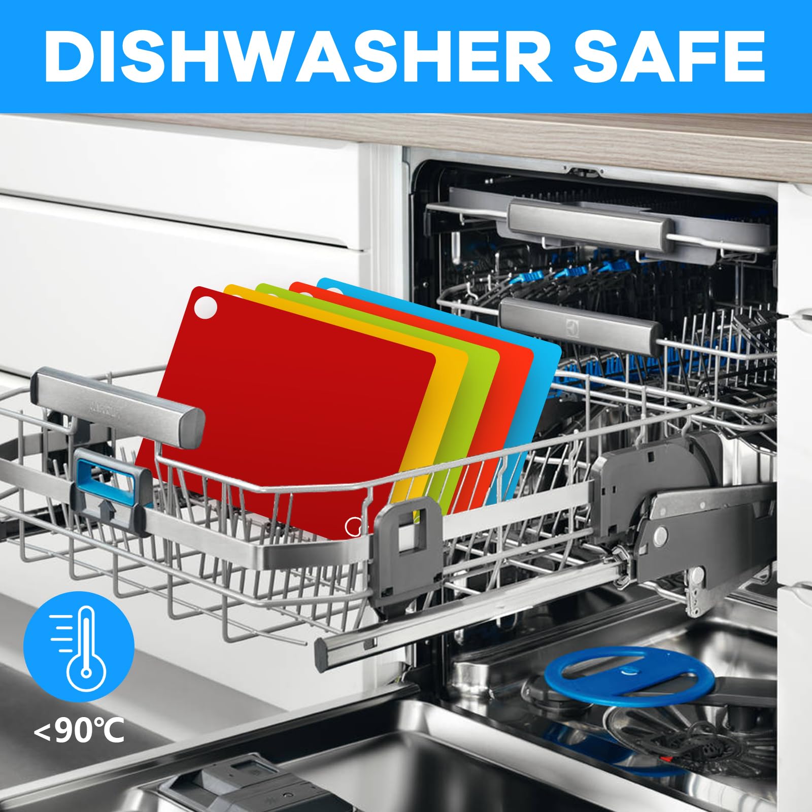 Goodluck dishwasher-safe cutting mats simplify cleanup after cooking sessions.