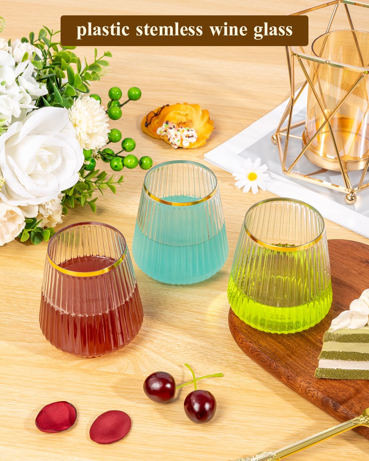 Goodluck elegant gold-rim plastic wine cups close-up showing premium details.