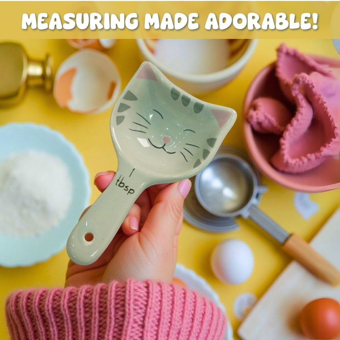Close up of ceramic spoons with four measurements for precise cooking