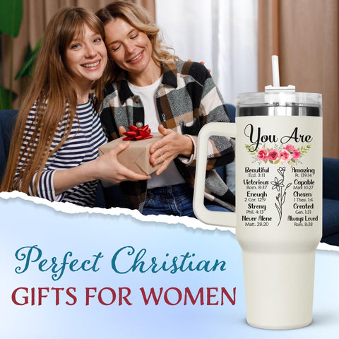 Close-up of GOOLERY tumbler with inspirational message