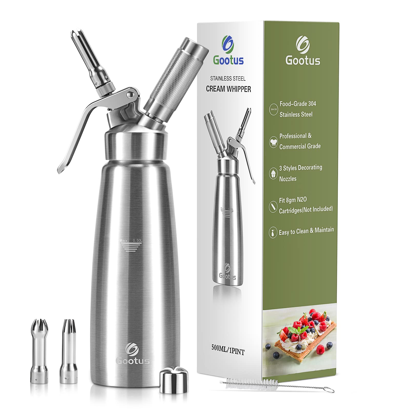 Gootus whipped cream dispenser body in stainless steel for durable daily dessert toppings.
