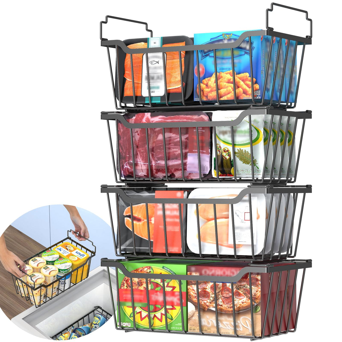 Goovilla freezer bin with foldable handle for easy access and safe lifting.