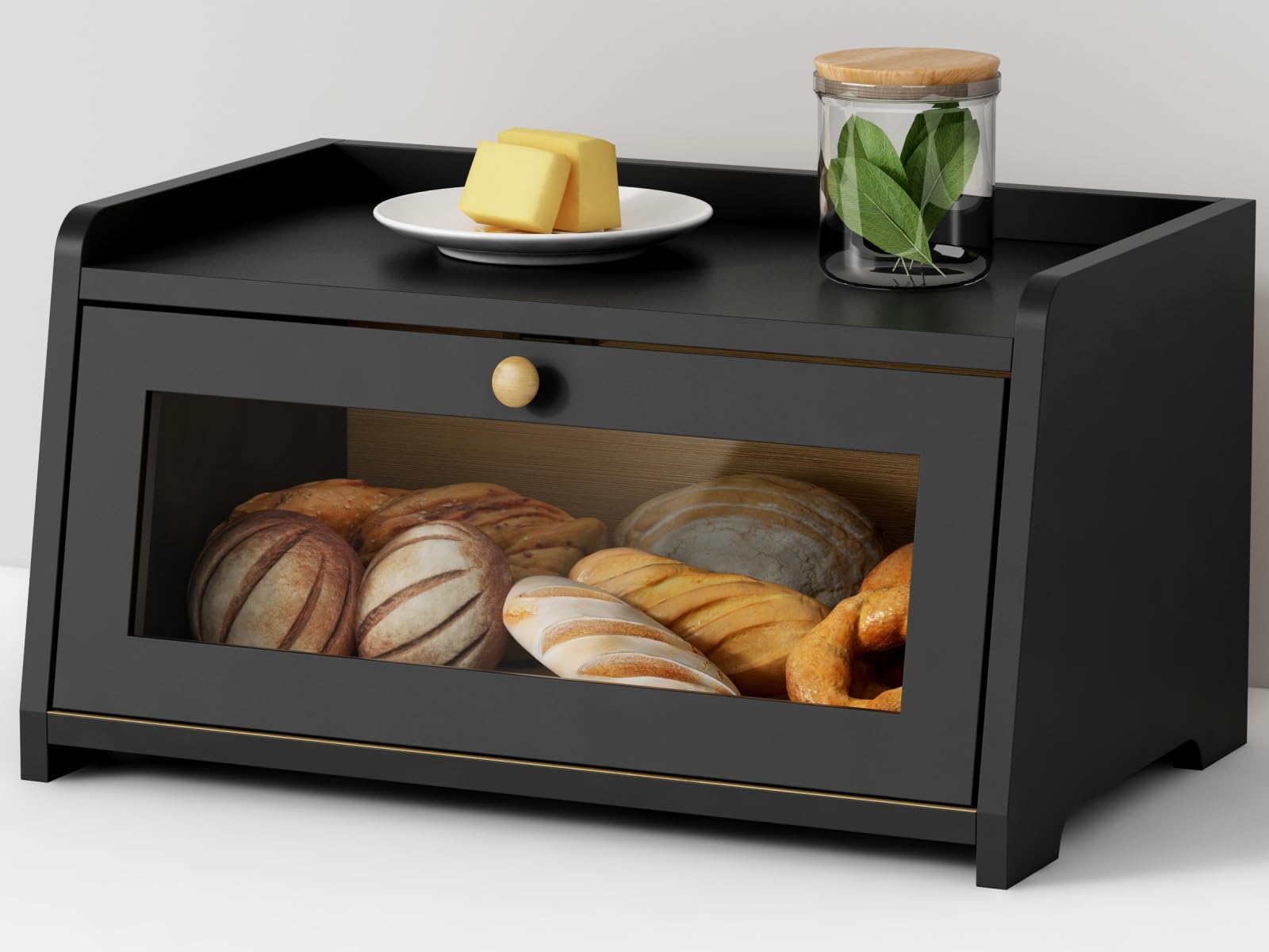 Goozii black bread box front view for countertop storage