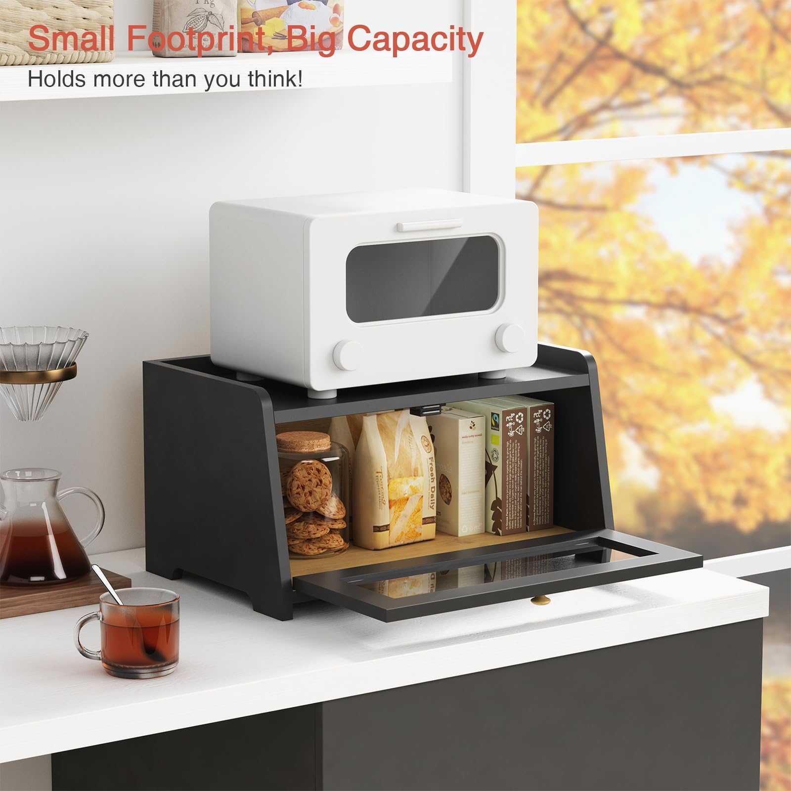 Goozii black bread box magnetic door for easy access