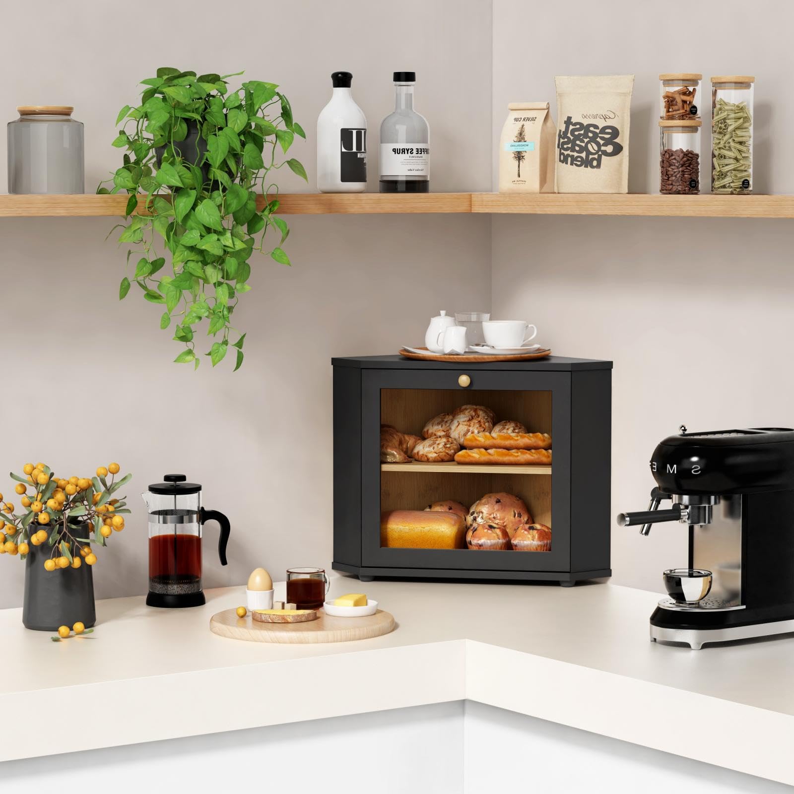 Goozii Corner Bread Box with foot stand protects countertops.