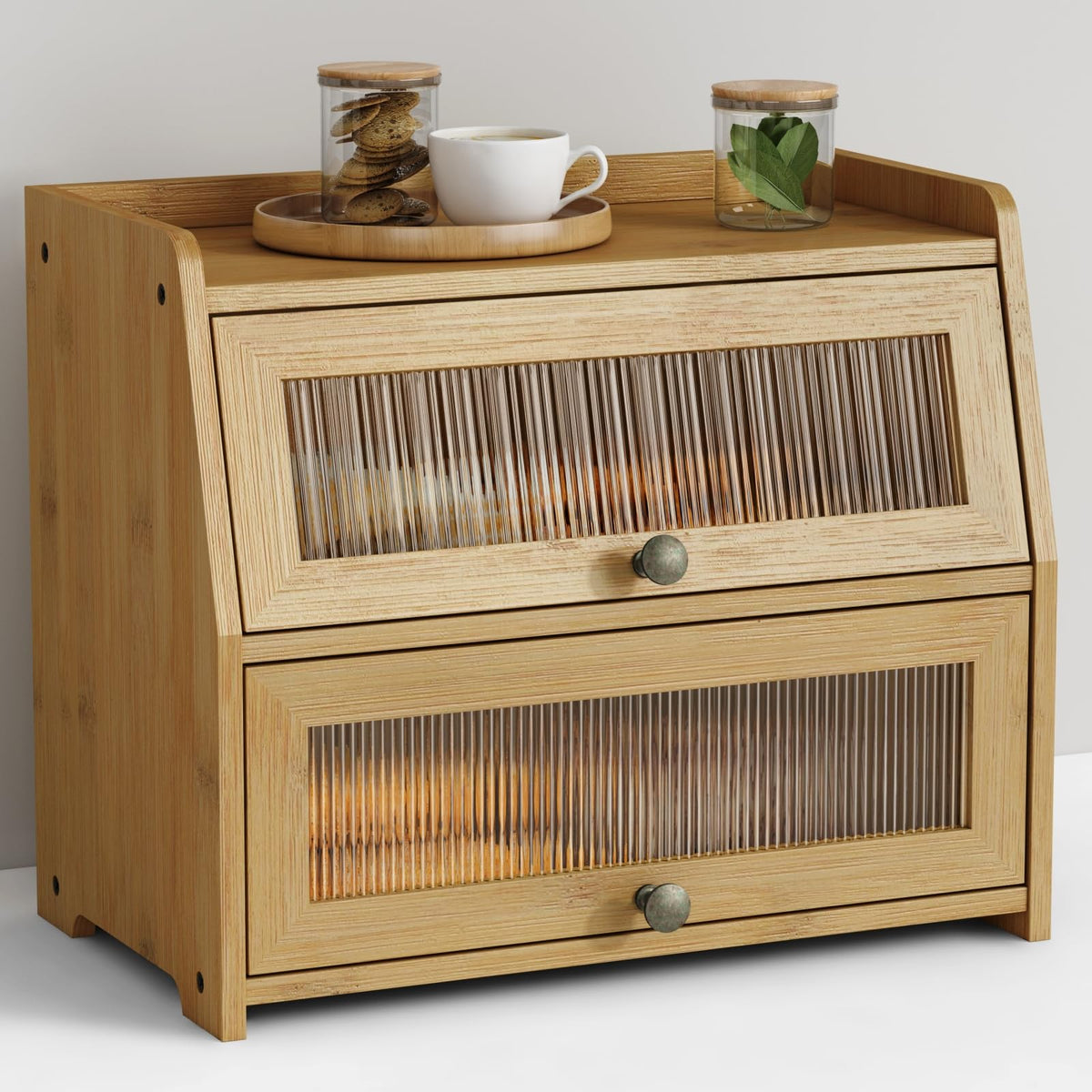 Goozii large bread box on a kitchen counter in natural bamboo keeps loaves fresh