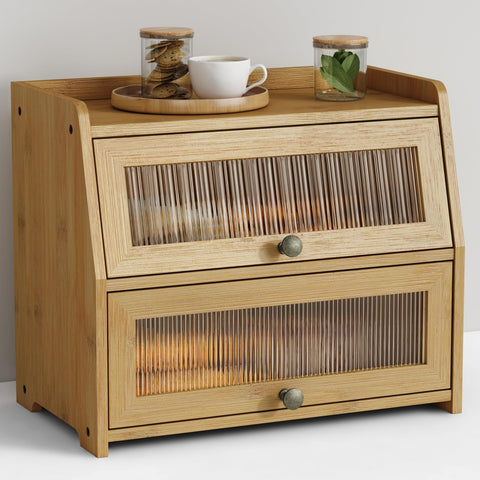Goozii large bread box on a kitchen counter in natural bamboo keeps loaves fresh