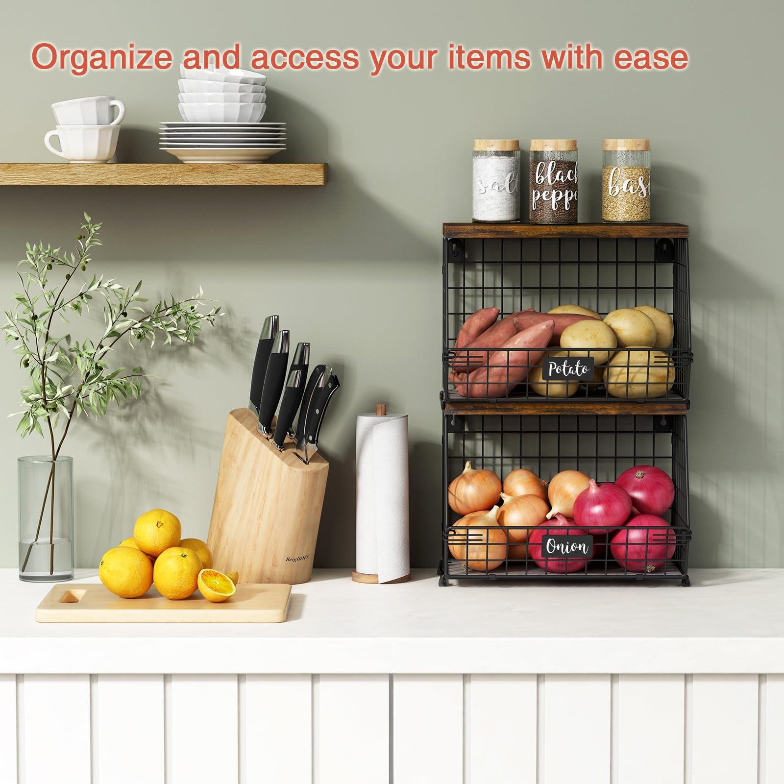 Goozii stackable wire baskets with wood lid maximize countertop organization and lid storage