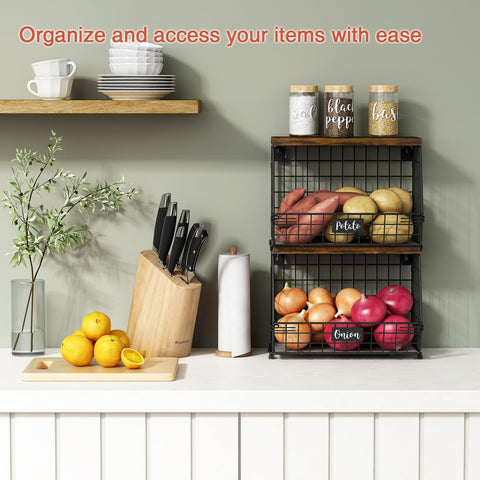 Goozii stackable wire baskets with wood lid maximize countertop organization and lid storage