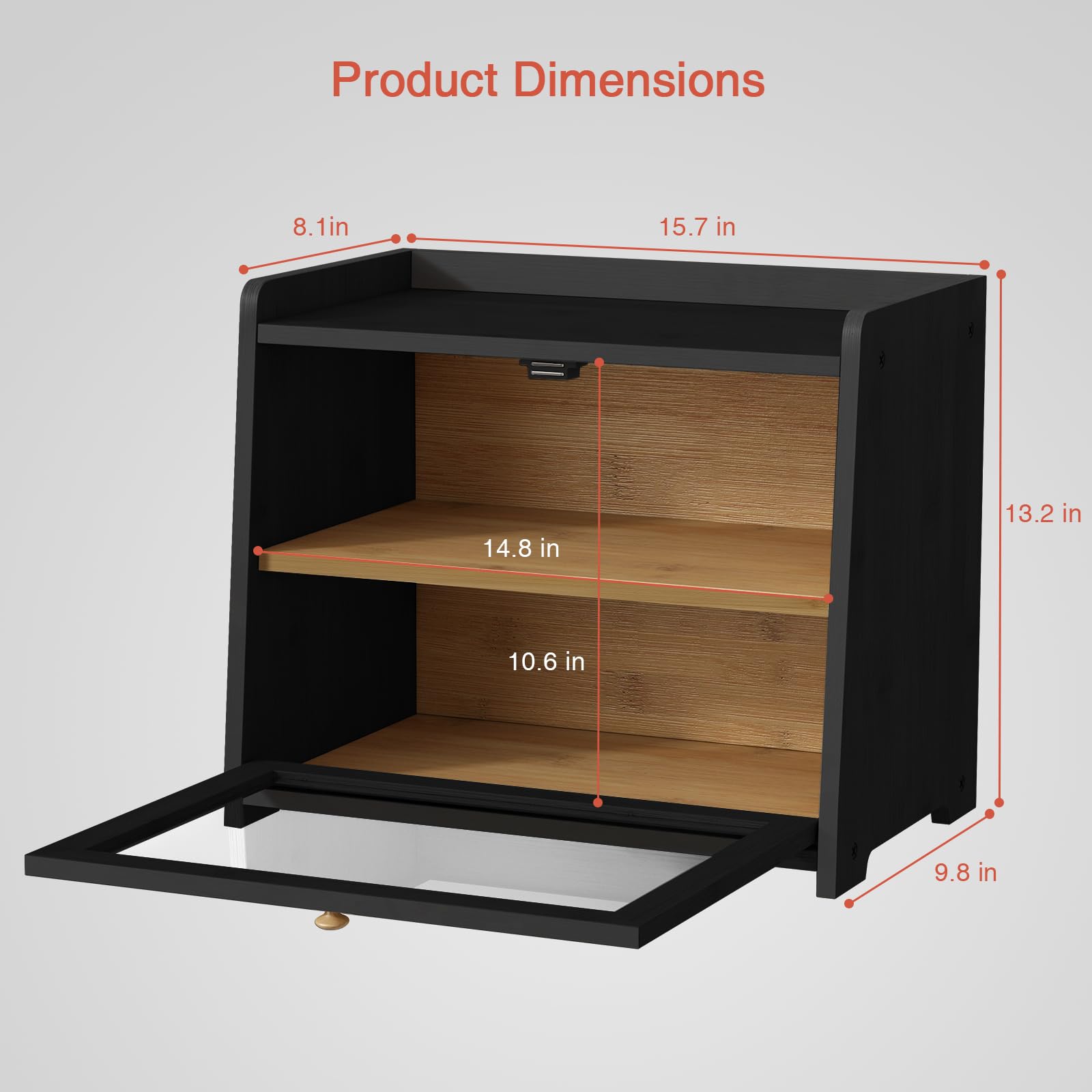 Goozii bread box door open reveals clear acrylic panel for item visibility