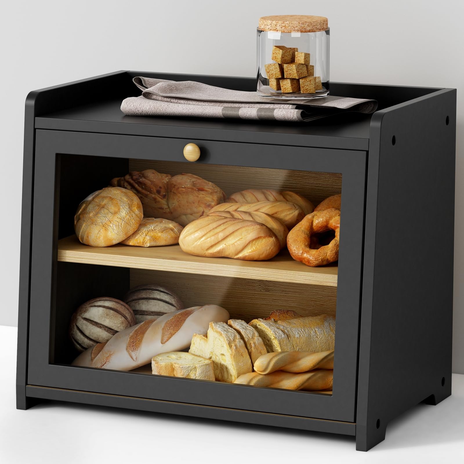 Goozii black bread box front view showing matte finish and bamboo construction