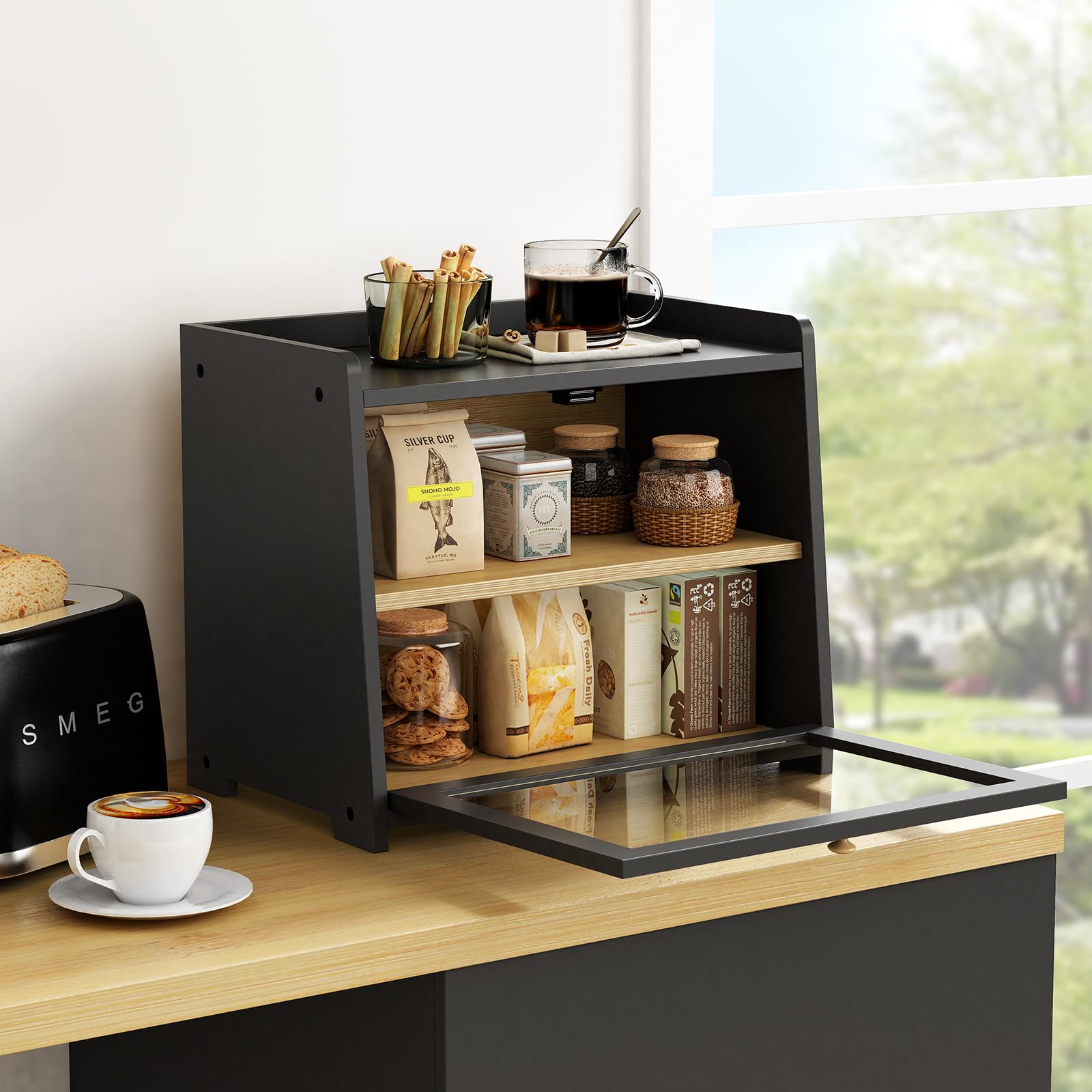 Goozii black bread box with wood handle and magnetic latch close securely