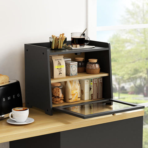 Goozii black bread box with wood handle and magnetic latch close securely