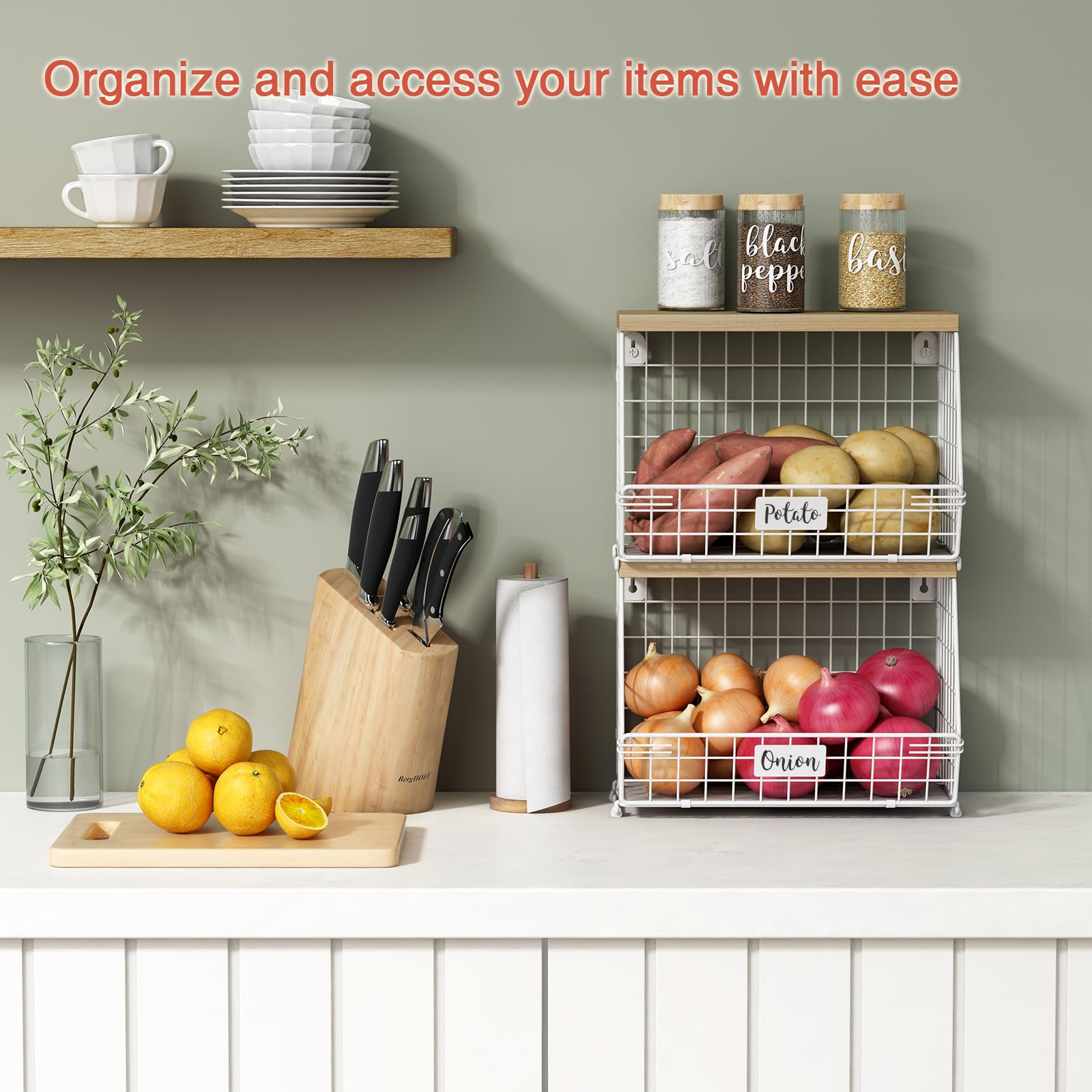 Goozii wall-mounted fruit basket with shelf for compact kitchen storage.