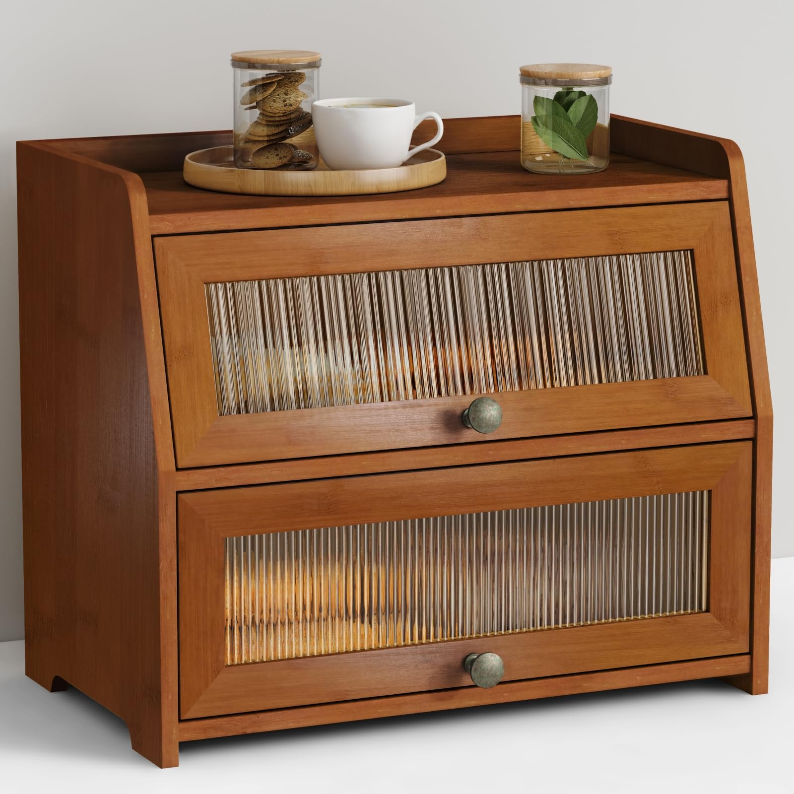 Goozii walnut brown roll top bread box front view keeps bread organized on the counter.