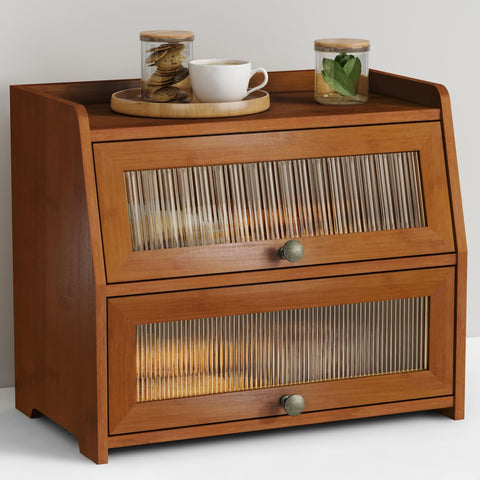 Goozii walnut brown roll top bread box front view keeps bread organized on the counter.
