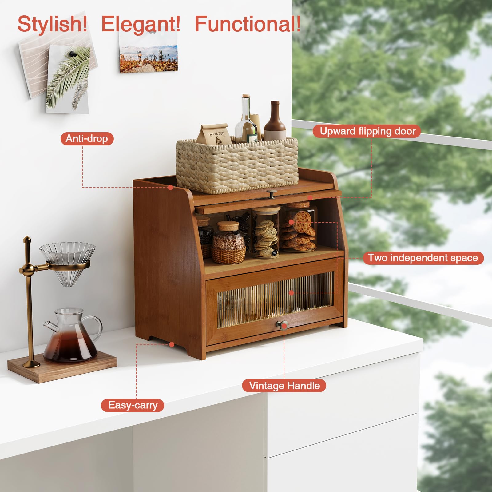 Goozii side grip improves handling of the roll top bread box on the counter.
