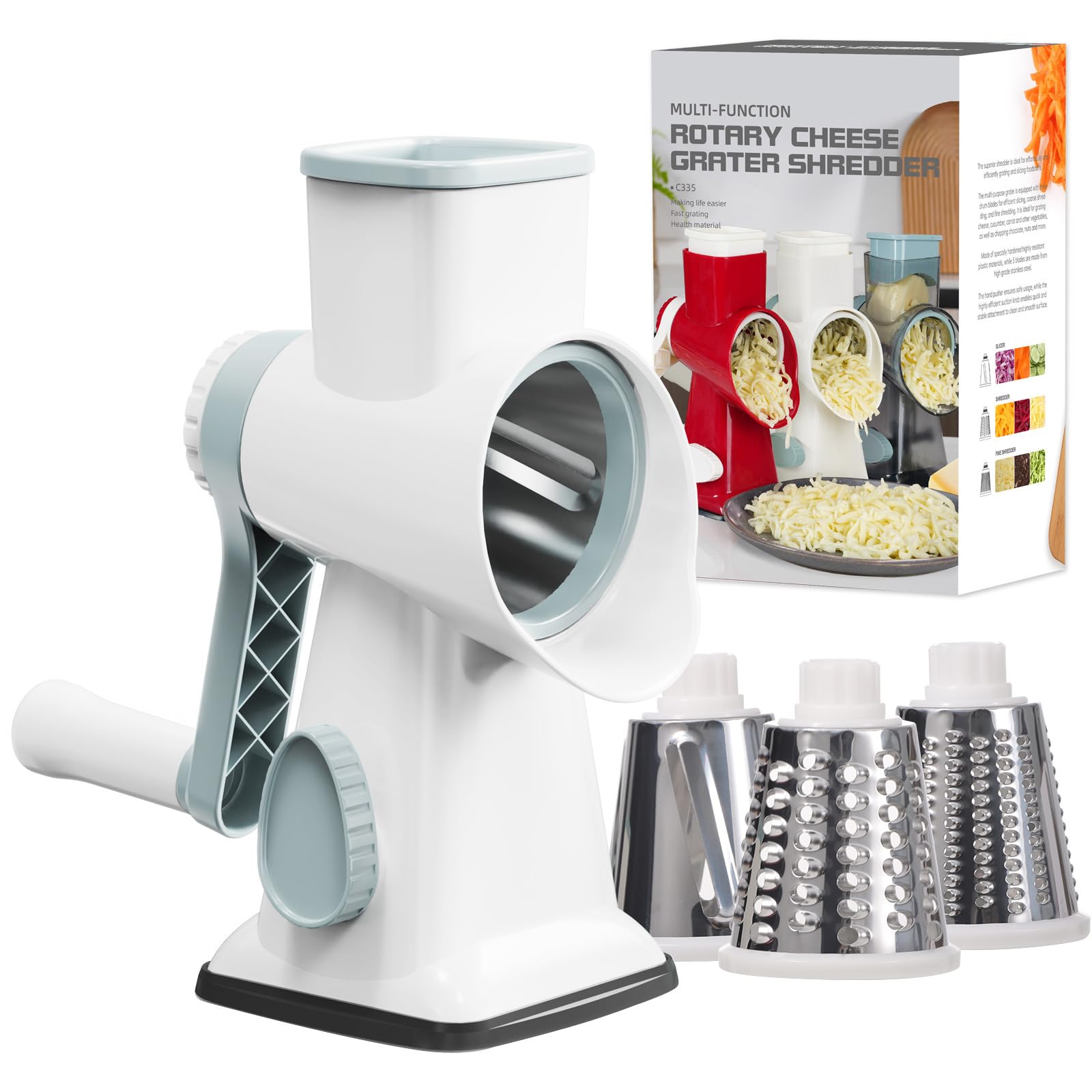 GORCI cheese grater with three blades for versatile shredding and slicing.