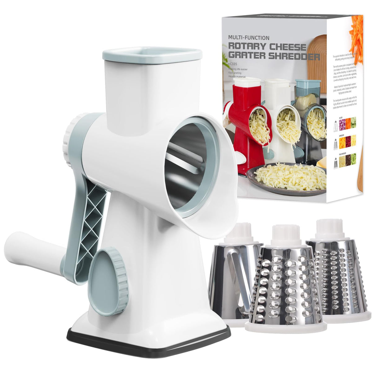GORCI cheese grater with three blades for versatile shredding and slicing.