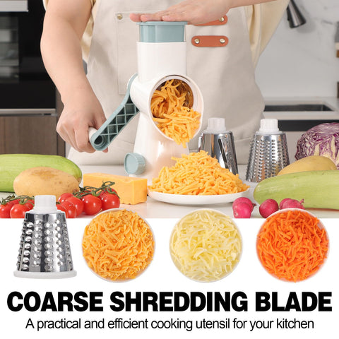 GORCI rotary grater with slicing blade for even cheese slices.