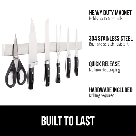 Gorilla Grip 10-inch magnetic bar holds knives of varying sizes.