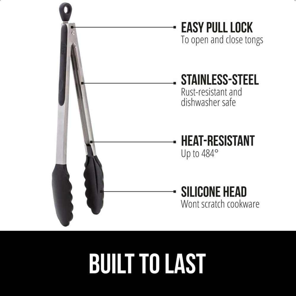 GORILLA GRIP 12-inch tongs with silicone tip for high-heat grilling.