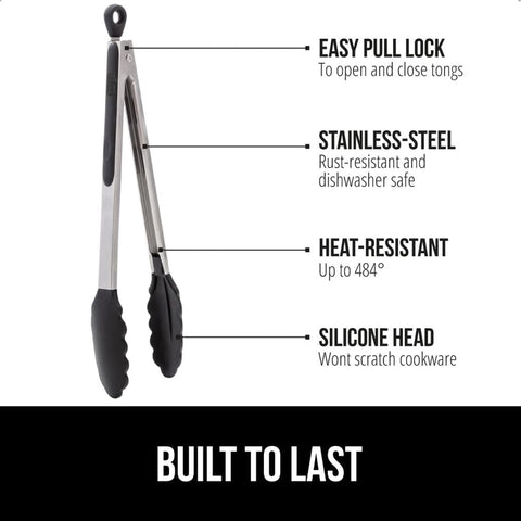 GORILLA GRIP 12-inch tongs with silicone tip for high-heat grilling.