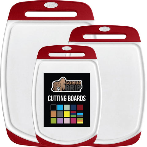 GORILLA GRIP 3-piece reversible cutting boards in red for versatile kitchen prep.