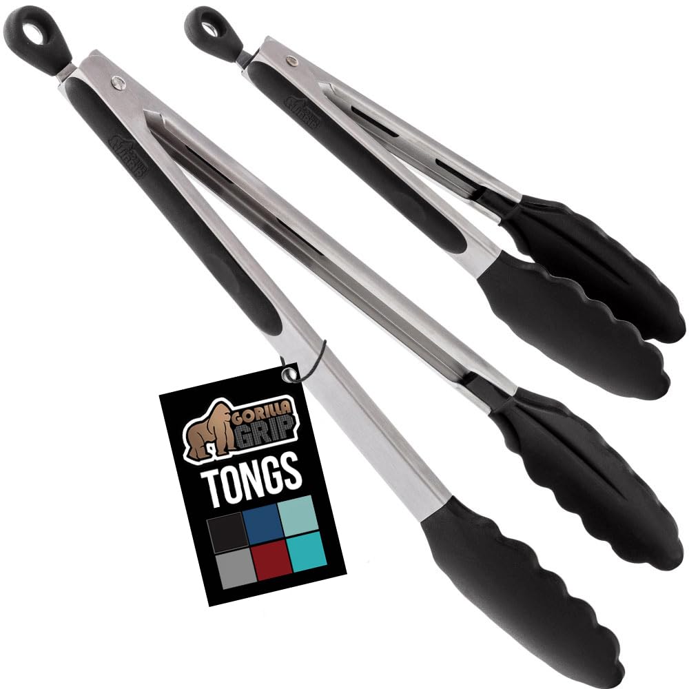 GORILLA GRIP 9-inch tongs with silicone tip for gentle flipping on nonstick pans.