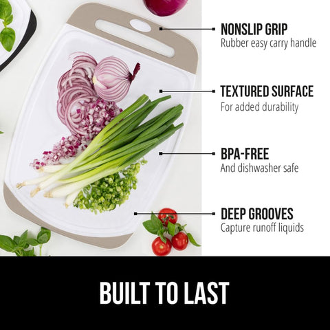 GORILLA GRIP almond boards closeup highlighting slip resistant border for stable chopping.