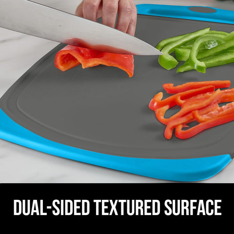 GORILLA GRIP Aqua Gray cutting board dishwasher safe; durable and easy to sanitize.