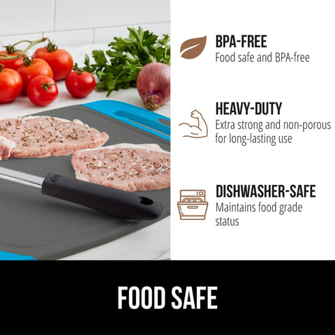 GORILLA GRIP Aqua Gray cutting board with juice grooves; cleaner surface and easier cleanup.