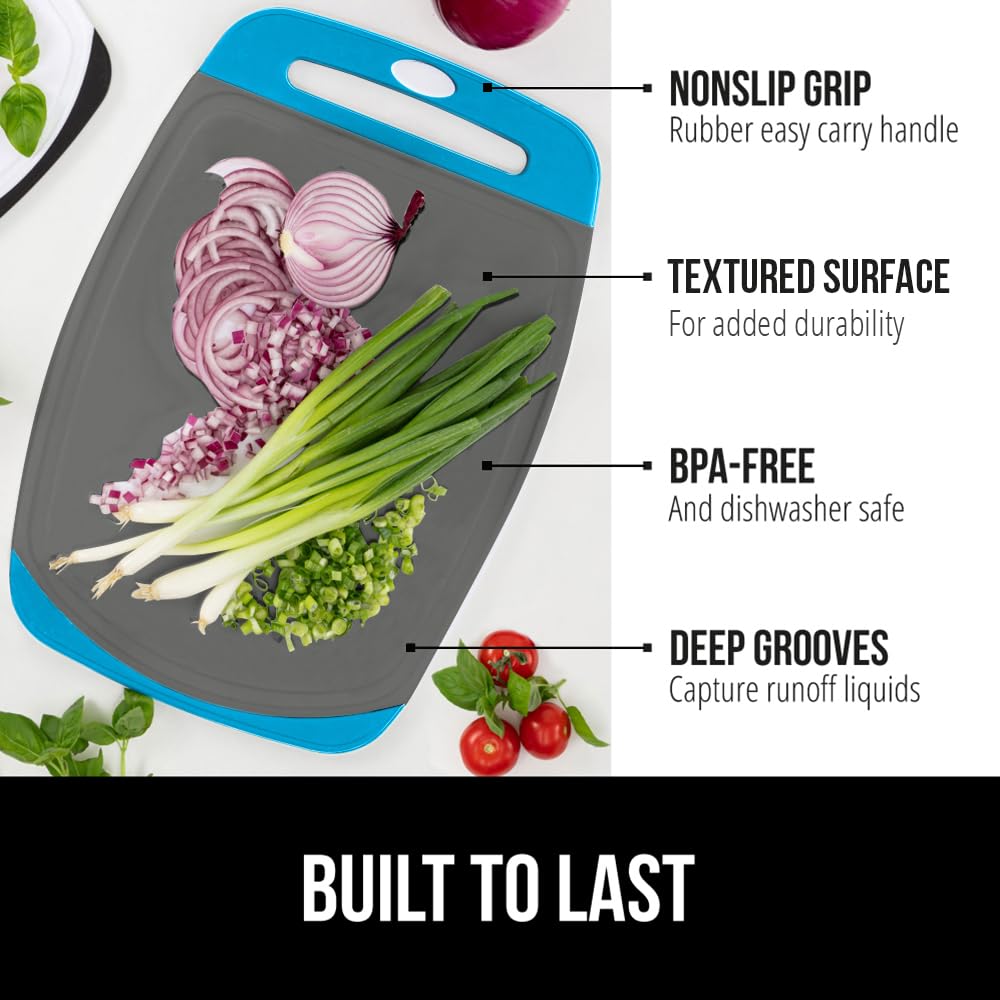 GORILLA GRIP Aqua Gray cutting board medium size; versatile prep station for fruits and vegetables.