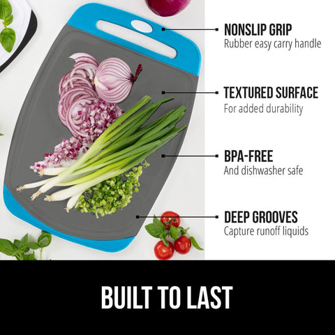 GORILLA GRIP Aqua Gray cutting board medium size; versatile prep station for fruits and vegetables.