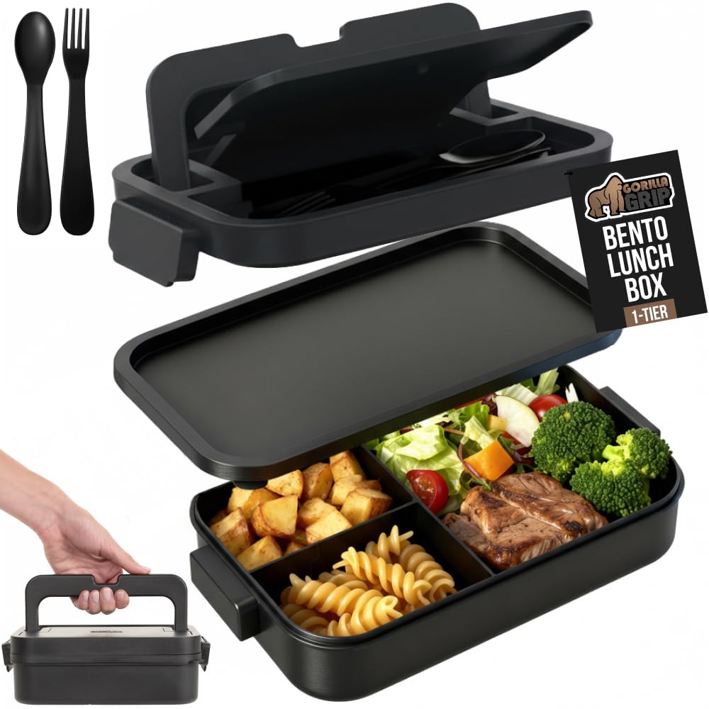 GORILLA GRIP three-compartment bento is BPA-free and leakproof for on-the-go meals.