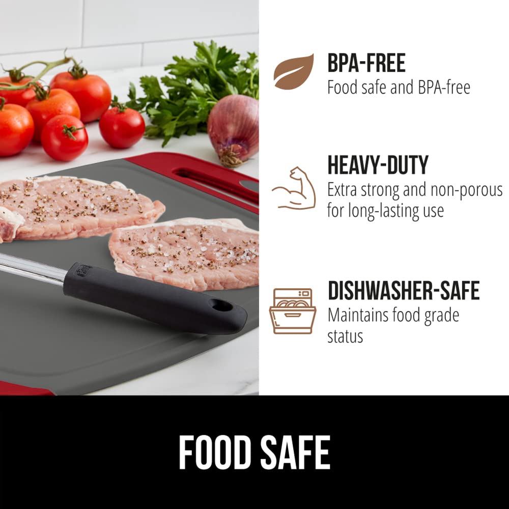 Gorilla Grip cutting board shows dishwasher-safe design for quick cleanup.