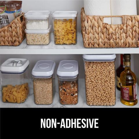 GORILLA GRIP DripGuard liner on pantry shelf keeping items secure.