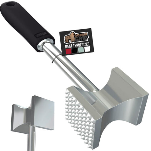 GORILLA GRIP dual-sided meat tenderizer head for even pounding and flavor release.