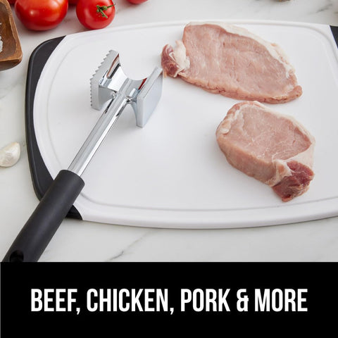 GORILLA GRIP flat side pounds to flatten cuts and enhance flavor penetration.