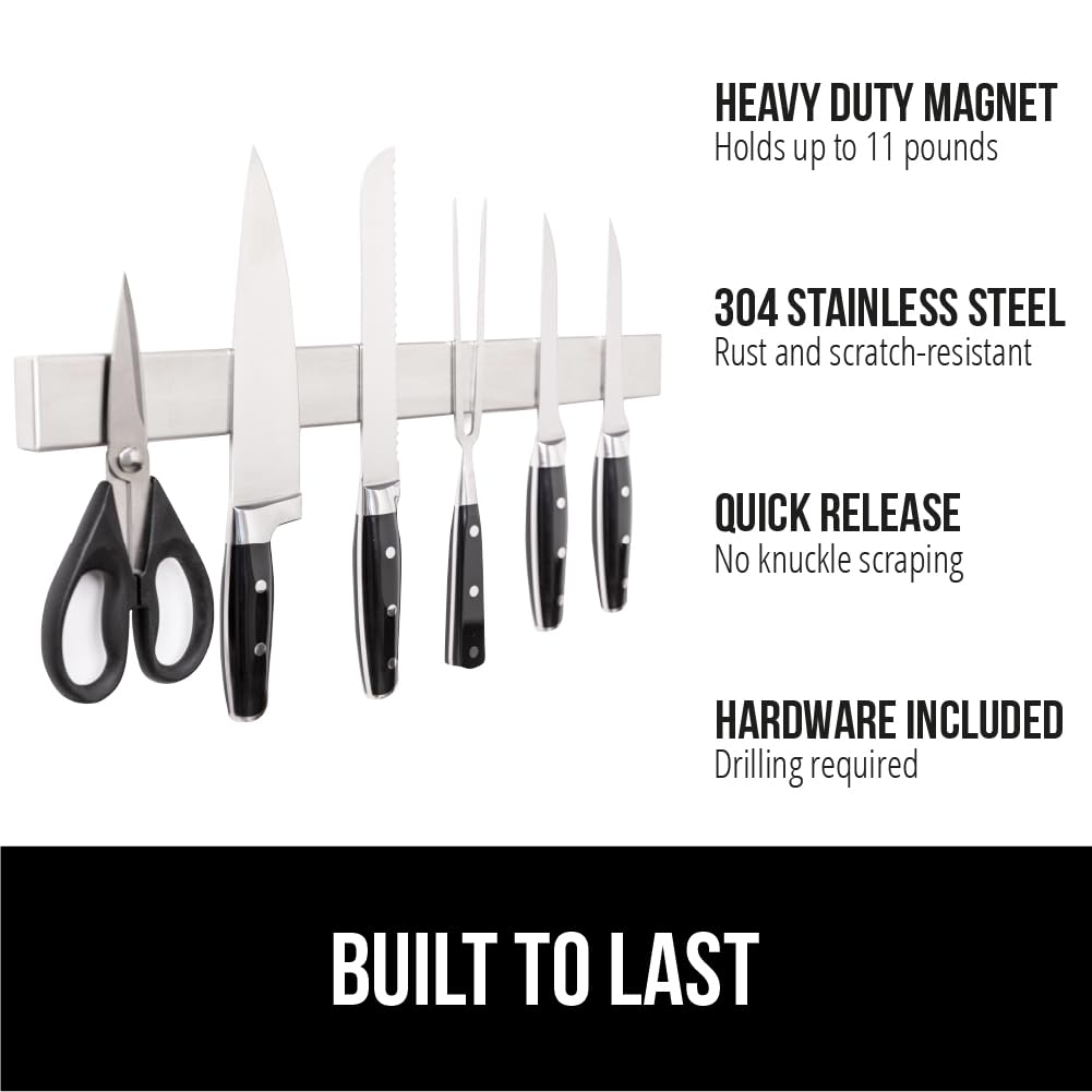 GORILLA GRIP heavy-duty magnet holds up to 6 lbs of knives and tools.