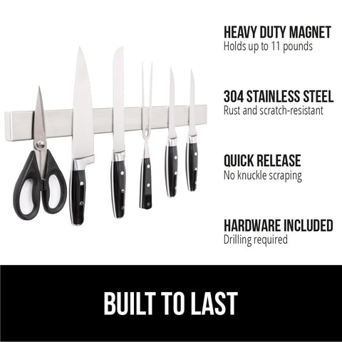 GORILLA GRIP heavy-duty magnet holds up to 6 lbs of knives and tools.