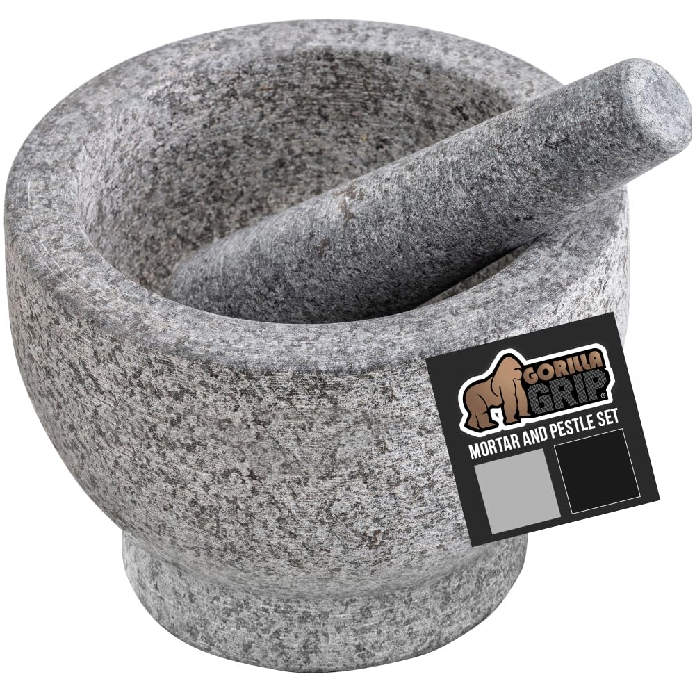 Gorilla Grip heavy-duty mortar and pestle set shown on a counter for durable grinding