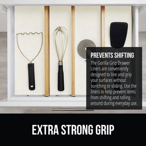 Gorilla Grip powerGRIP liner on a shelf, reducing movement of items during daily use.