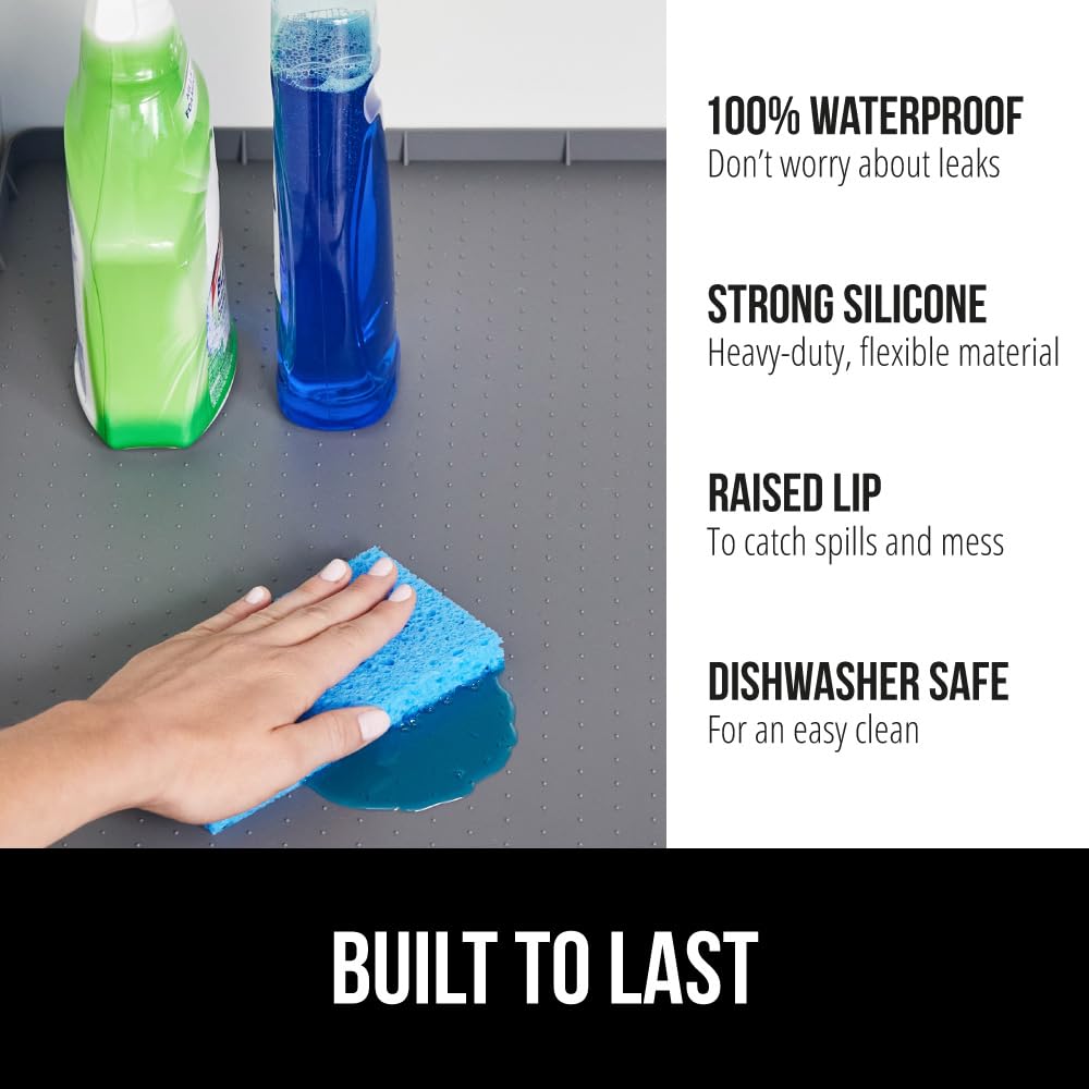 GORILLA GRIP silicone mat with reinforced lip contains spills under sinks.