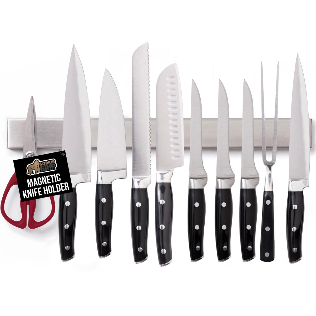 GORILLA GRIP knife holder on wall with 24-inch steel bar keeps knives organized.